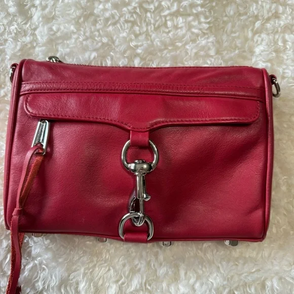 Rebecca Minkoff Red Leather Mini Mac Crossbody Bag Silver Chain Strap Designer - Picture 4 of 16